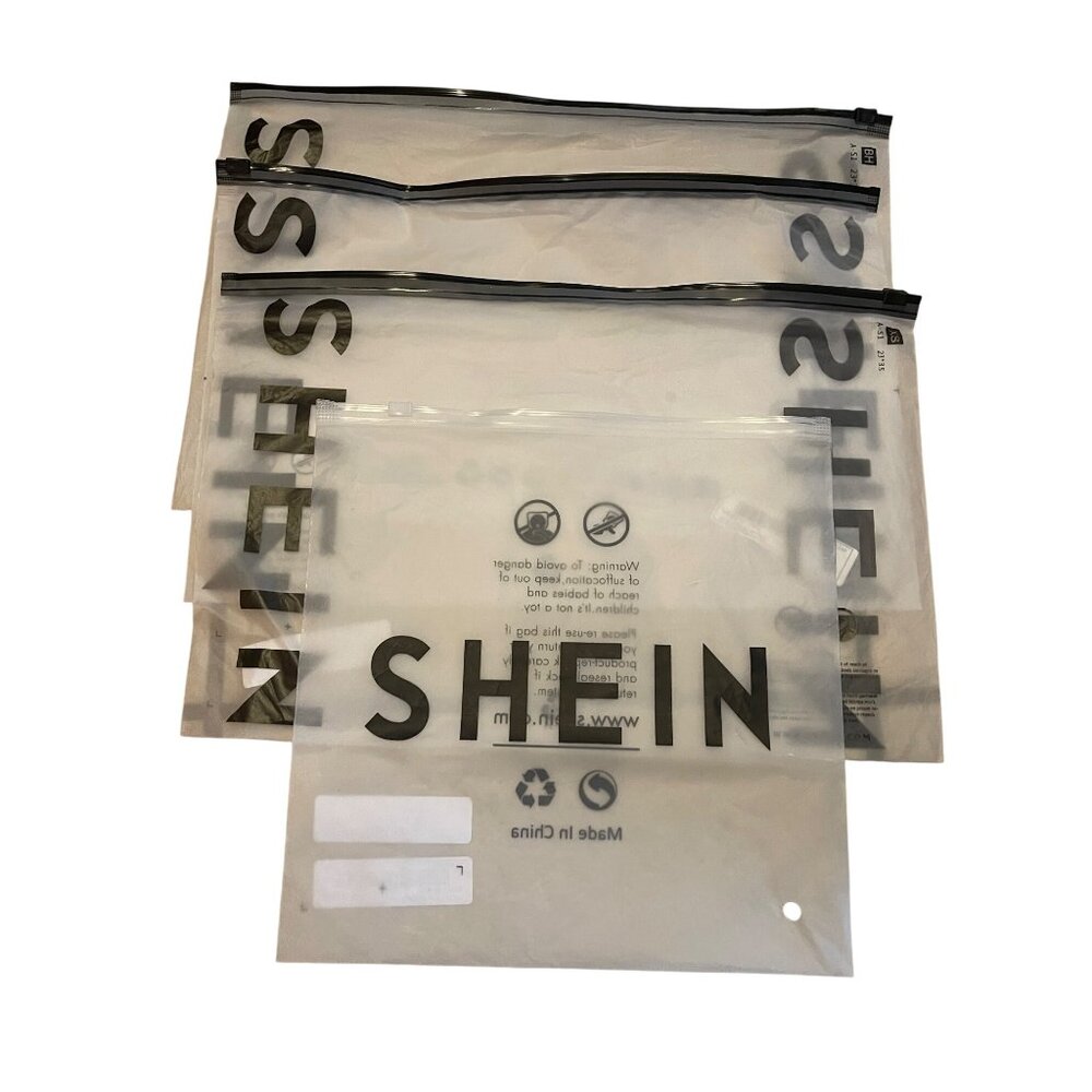 Set of 4~Shein Clear Plastic Zipper Bags With Black Lettering Measuring 12” x 9”